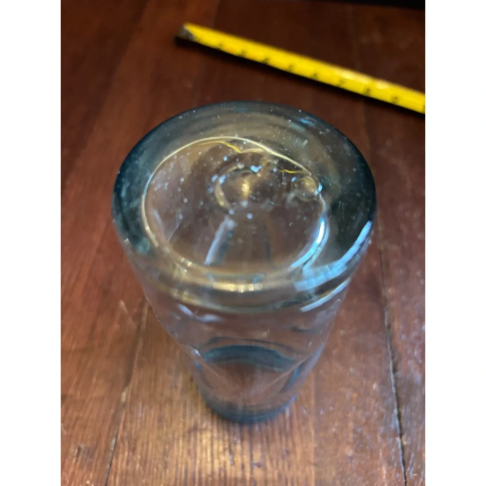 Handblown Mexican Tequila Glass Turquoise Blue Rim Dimpled Recycled Glass 6.25in